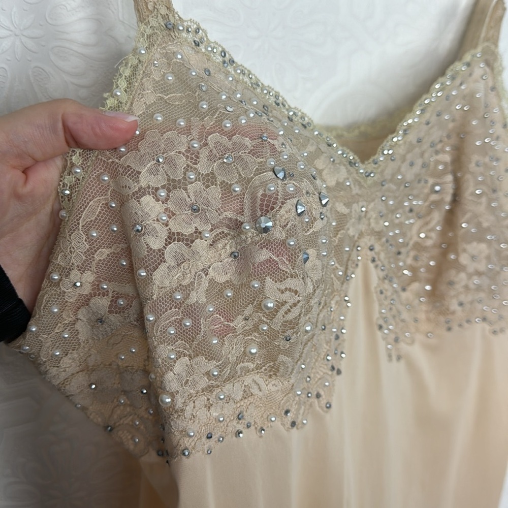 Vintage Slip Dress Bedazzled Jewels Rhinestones Beaded Nude Shapewear Cream 80s - Picture 3 of 10